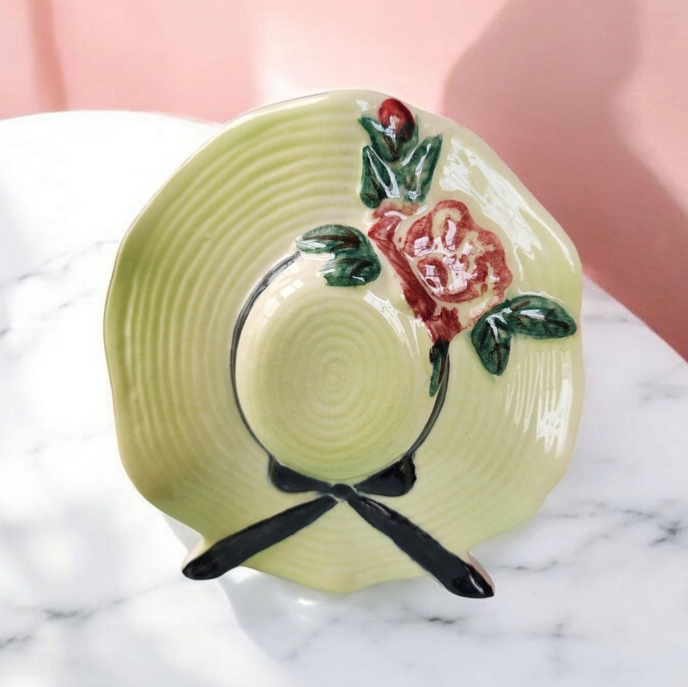 Vintage Wall Pocket Planter Shaped like a Woman's Hat with Roses